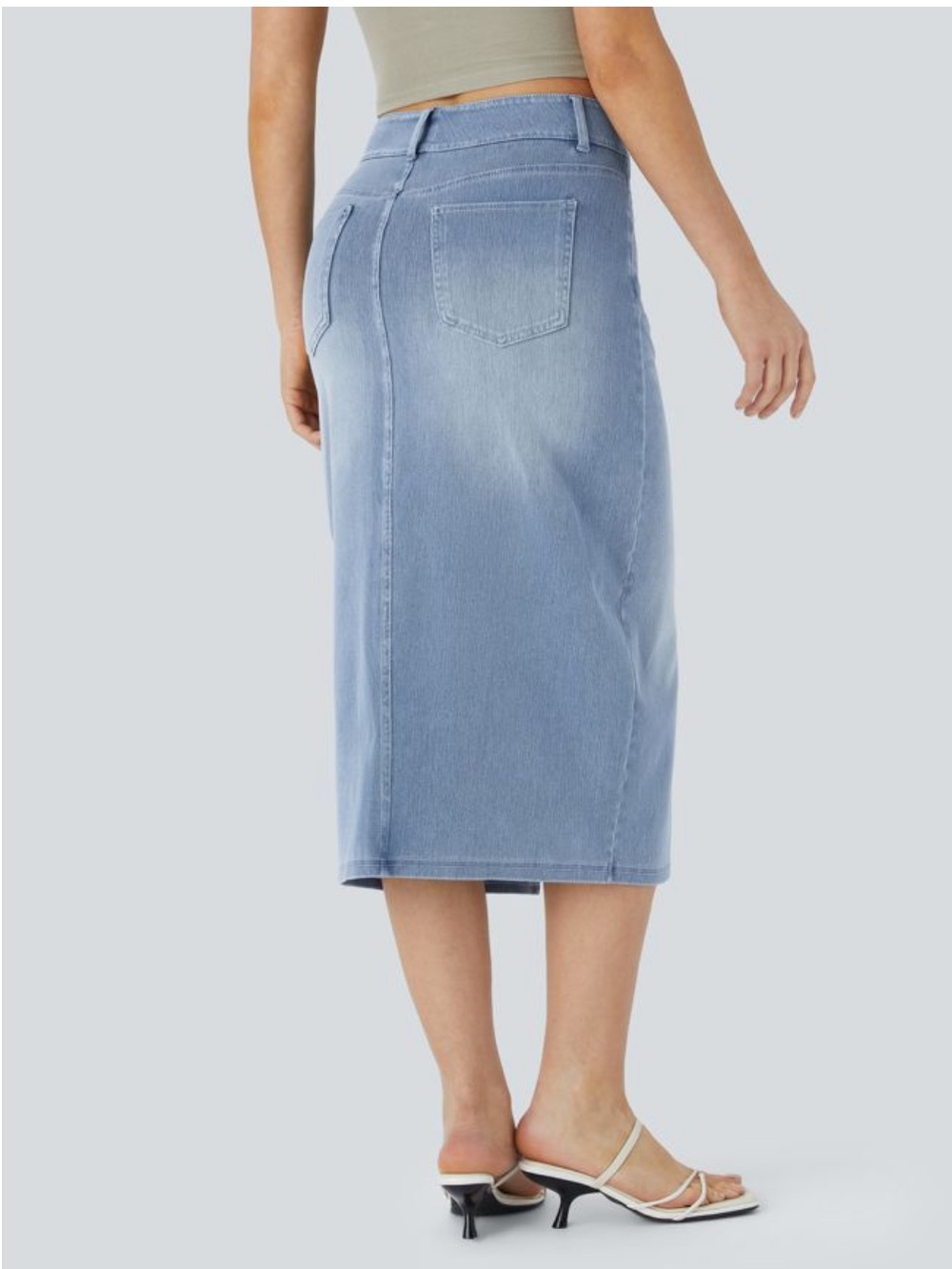 Halara Flex High Waisted Pockets Bodycon Washed Denim Casual Midi Skirt NWOT - Picture 6 of 6